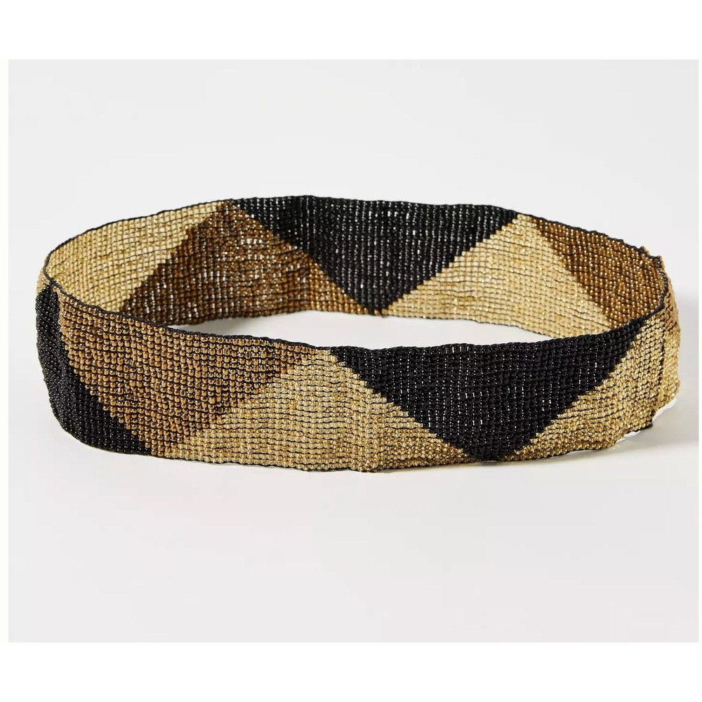 Anthropologie Cocobelle Beaded Elastic Belt Black Bronze Geometric  Boho - Picture 2 of 6